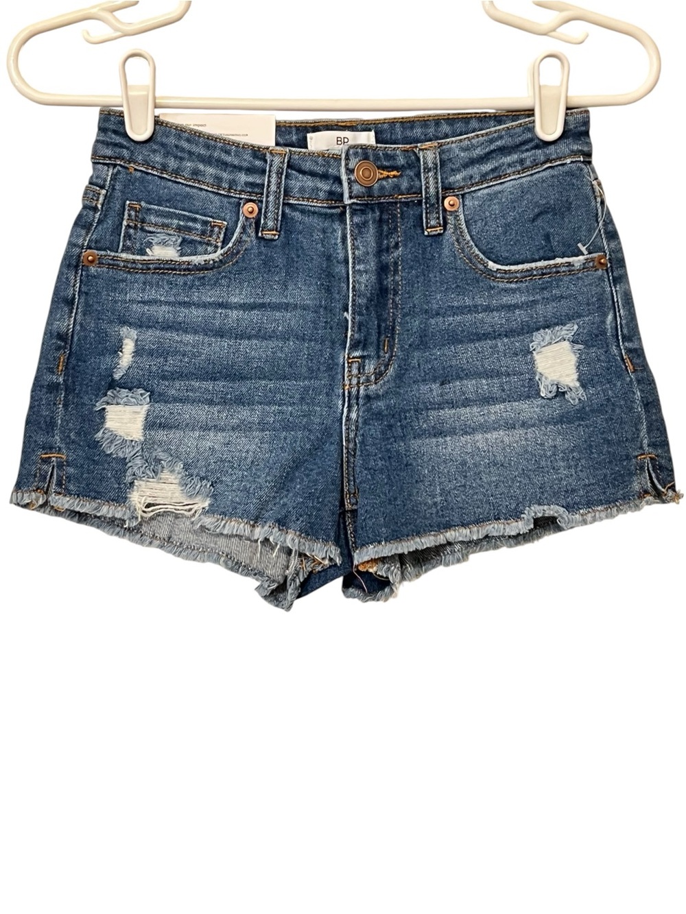 BP. Cut-Off Denim Shorts, Five Pockets,‎ Frayed Hem, Distressed Blue, Size 24